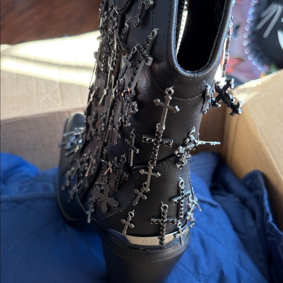 Dolls Kill Black Cross Embellished Heeled Boots - Picture 2 of 3